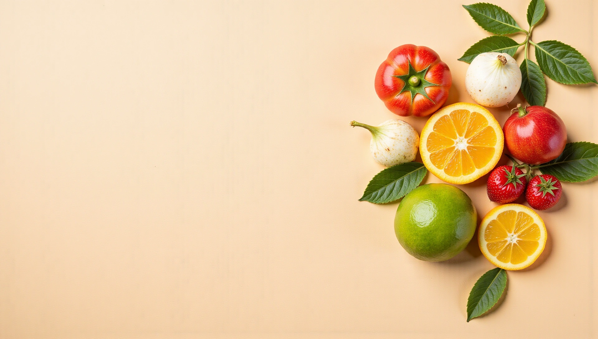 Arreglo minimalista de frutas y verduras frescas y vibrantes sobre un fondo limpio y claro, enfatizando la luz natural y la salud.