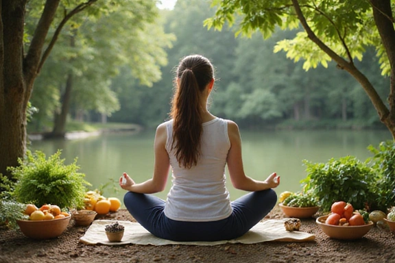 Persona meditando en un entorno natural rodeada de alimentos saludables