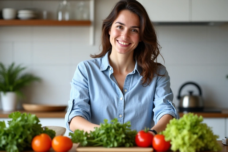 Mujer sonriendo mientras prepara una ensalada fresca, simbolizando una alimentación consciente y saludable.