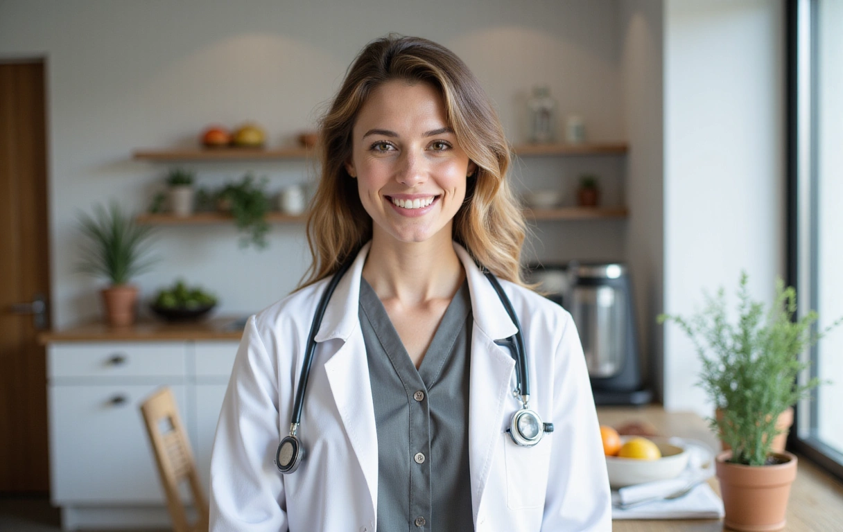 Retrato profesional, cálido y accesible de una nutricionista femenina en un ambiente limpio y moderno, transmitiendo experiencia y empatía.
